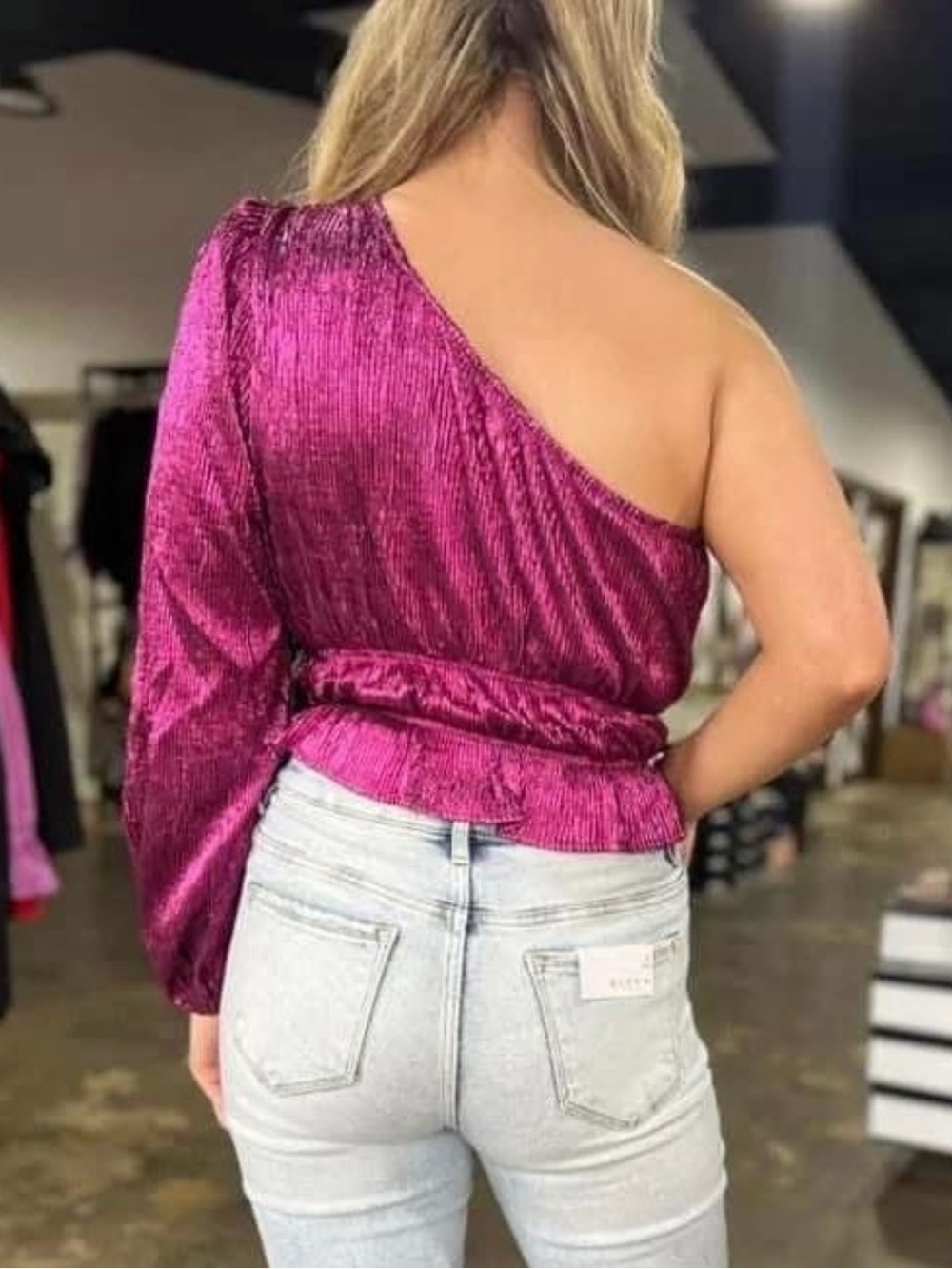 NWT One-Shoulder Fuchsia Crinkle Blouse - Women Tops - Picture 2 of 8